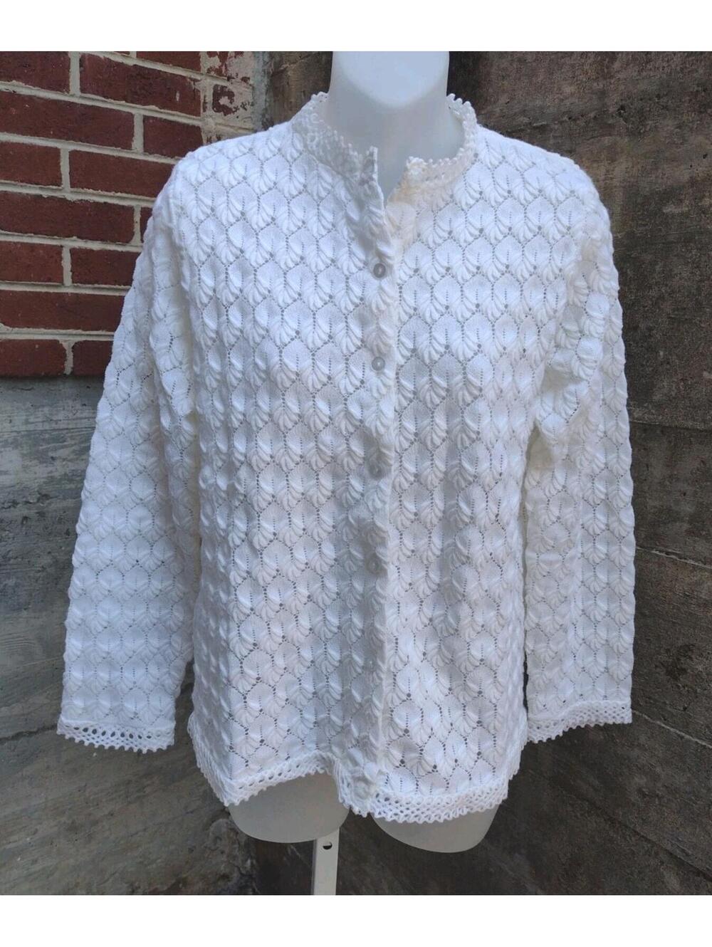 VTG 60s Allmericana Leaf Lace Openwork Acrylic Cardigan Sweater Sz 40 Grandma
